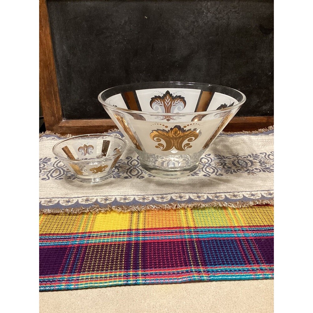 LIBBEY Gold Leaf Frosted Glass Chip And Dip Vintage Entertainment Bowl Set